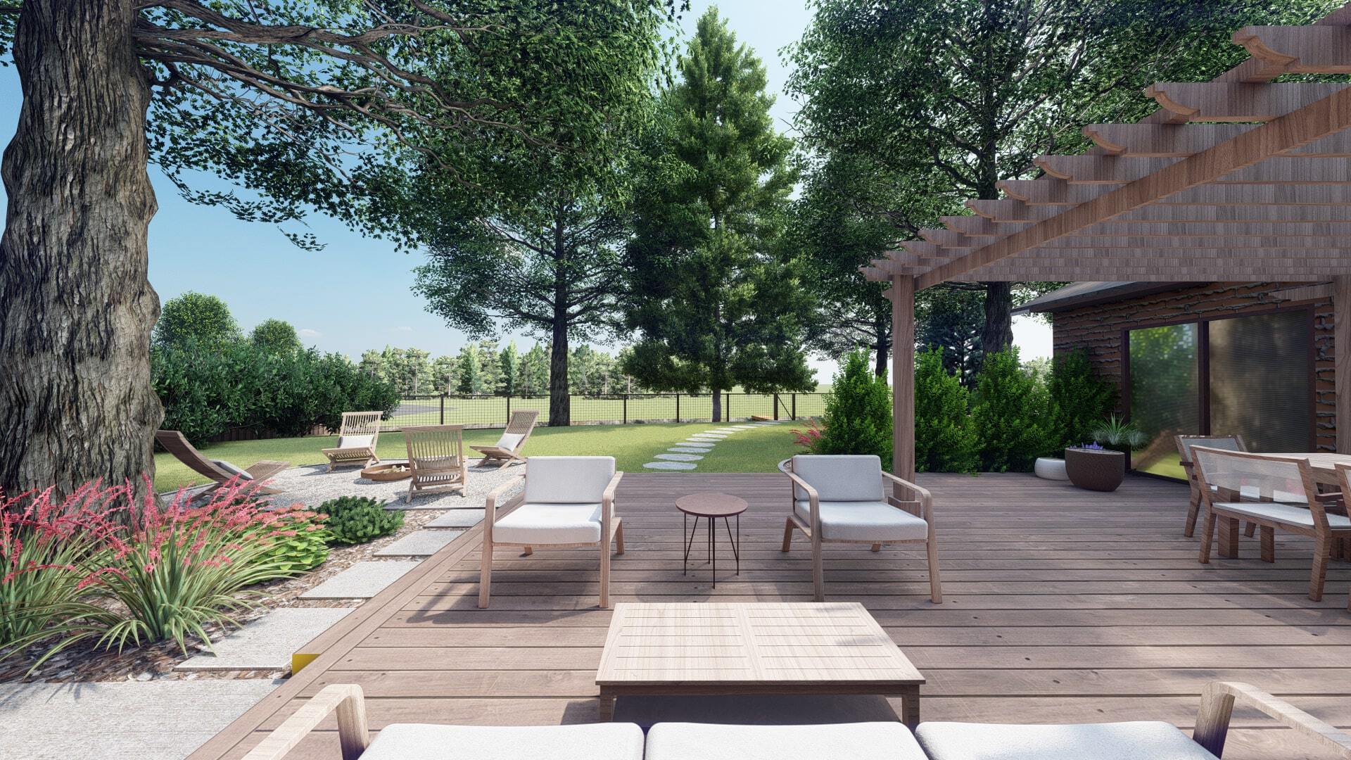 a backyard deck with a lounge area. A mature tree and pergola provide shade. Large evergreens provide privacy from the neighbors