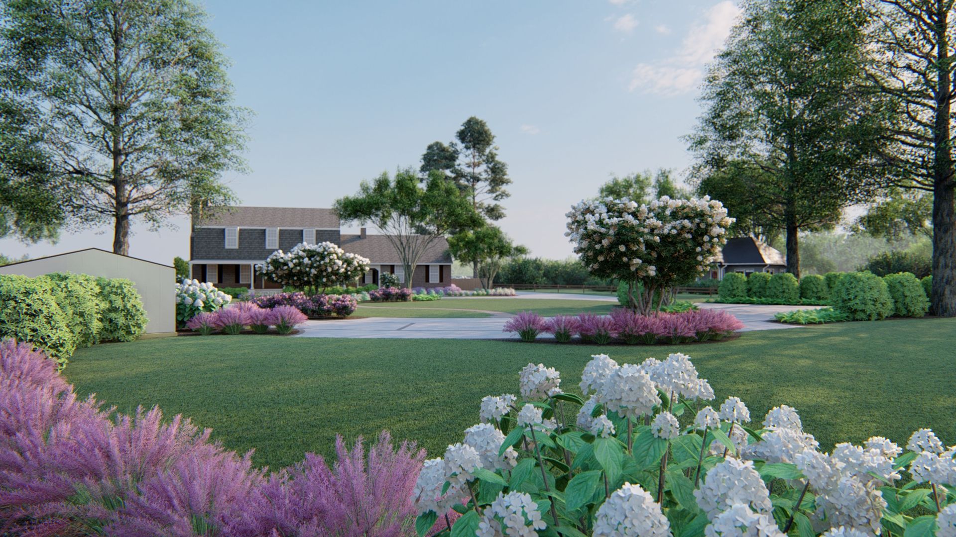 a front yard landscape with white looking trees and pink plants 