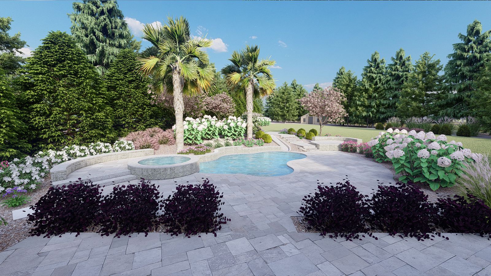 big backyard landscaping ideas with a pool and hot tub