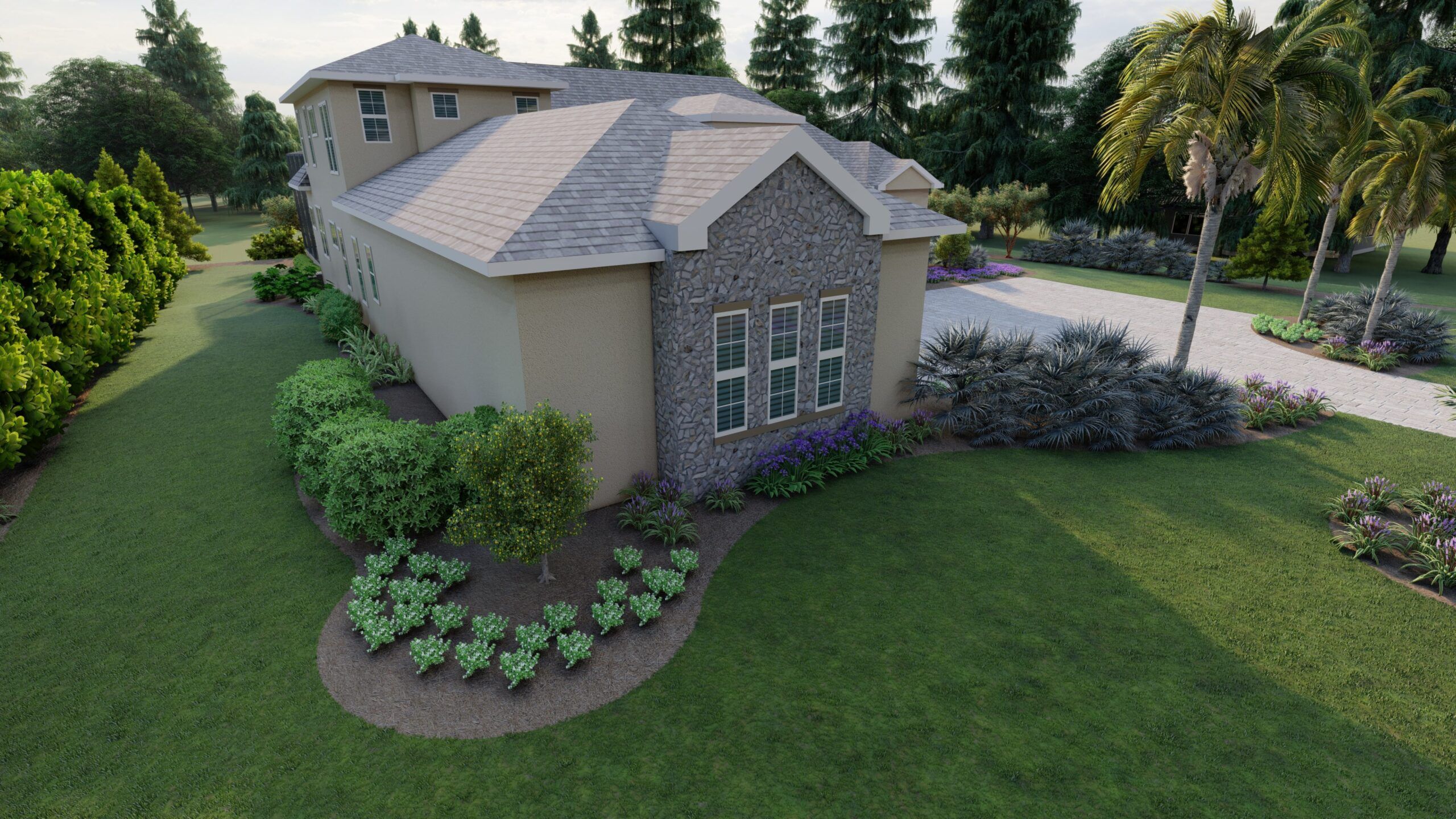 Florida landscaping in South Florida with natural shade, ground cover, multiple blooms, and a large lawn