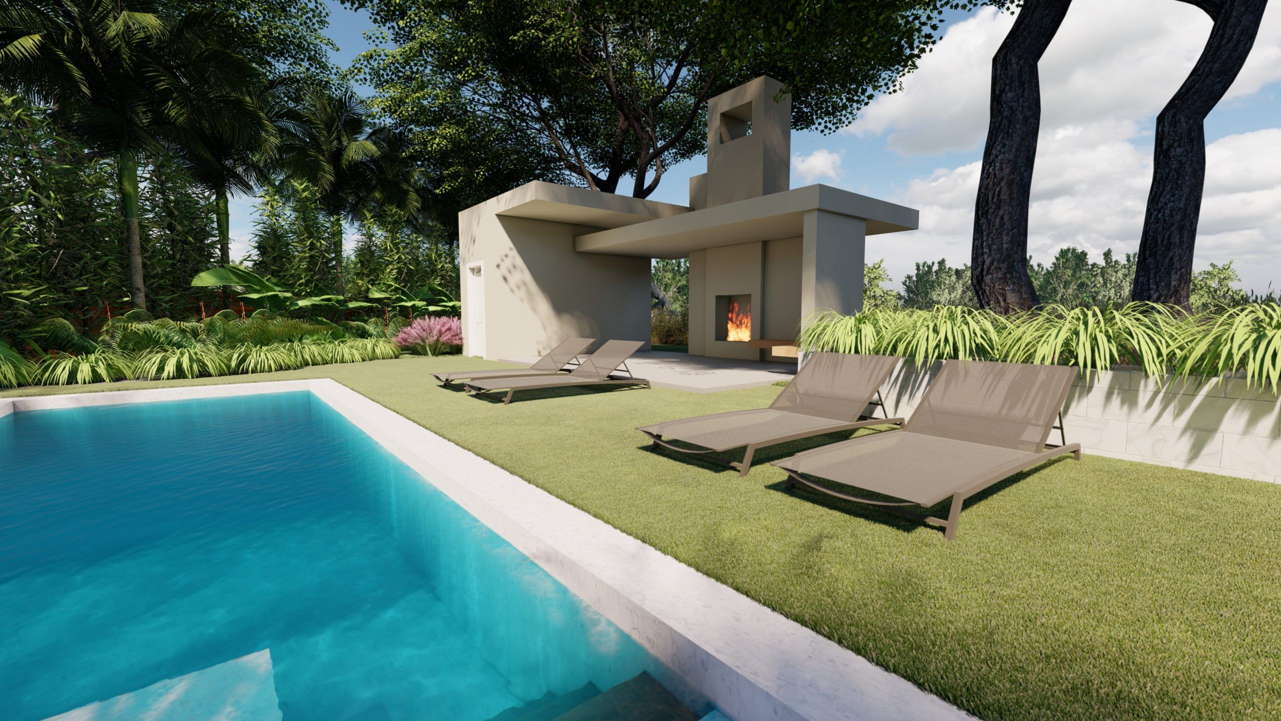 backyard pool with pool house