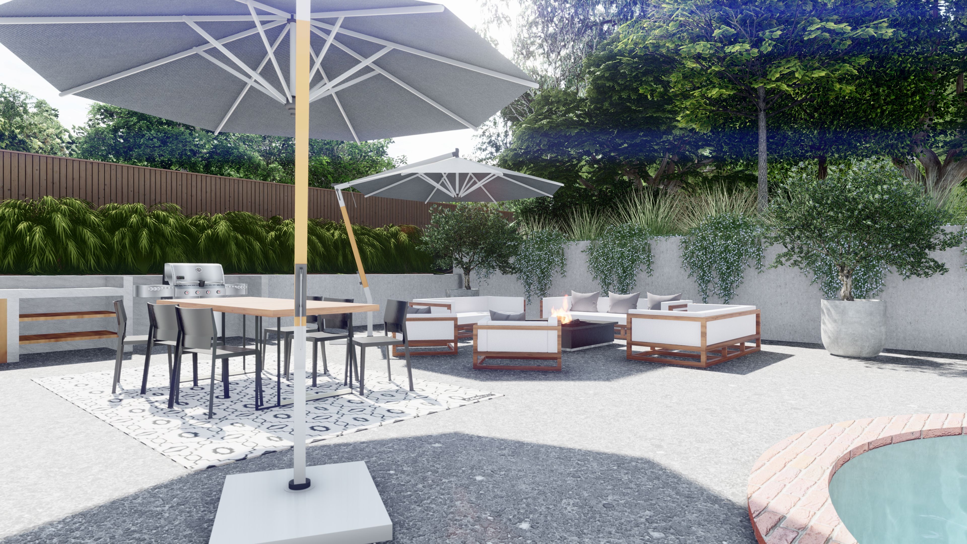 swimming pool next to an outdoor dining table, outdoor lounge furniture and a cantilever umbrella for shade