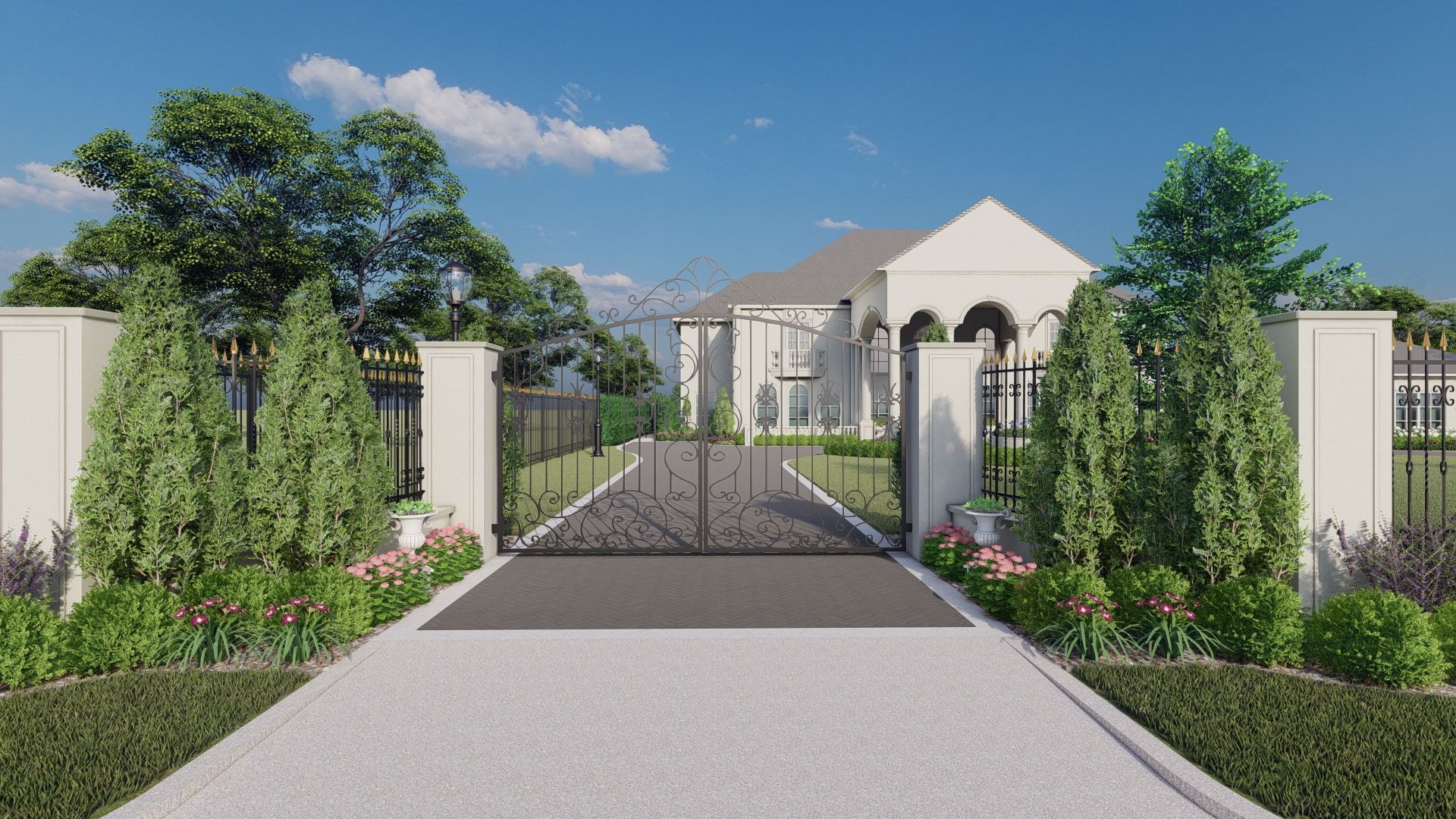 formal garden design, a beautiful contemporary gate with driveway to the front of the house 