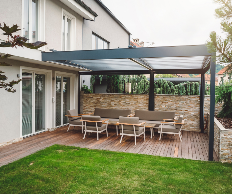 patio dining under a pergola