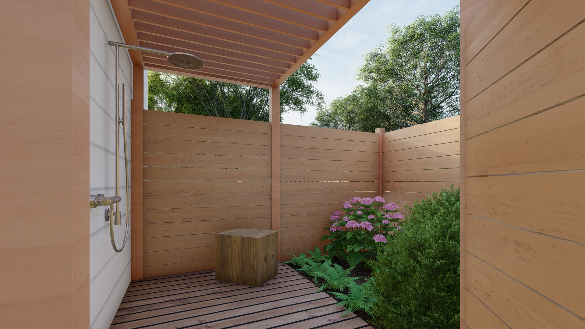 A wooden outdoor shower with lush plantings