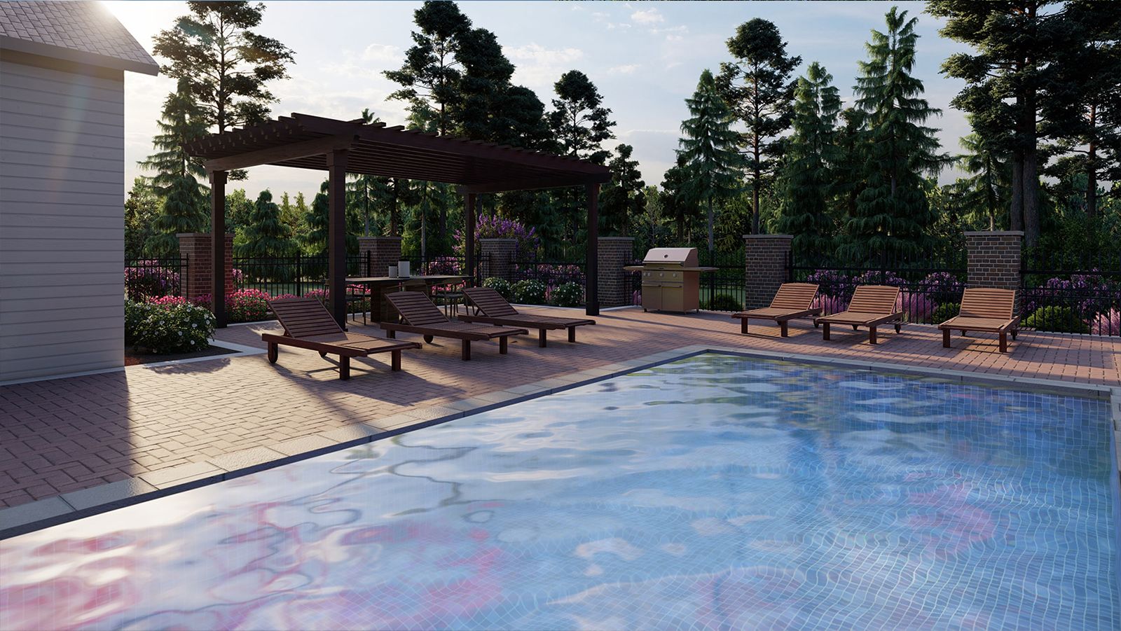 a beautiful pool landscape design with landscaping around deck 