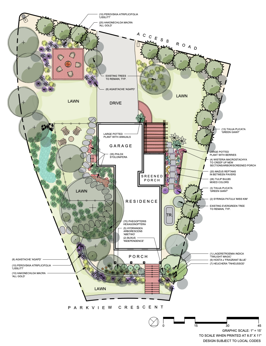 a landscape planting plan for a full yard project with many open spaces