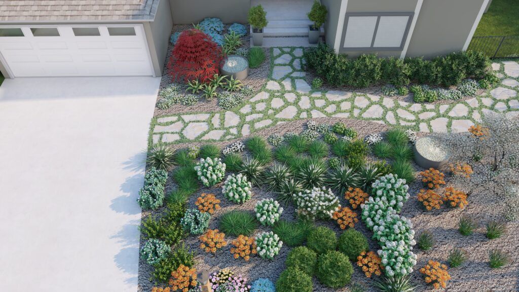 a front yard landscaping plan with no grass but filled with ground cover, flowers, and colorful plants around a front door
