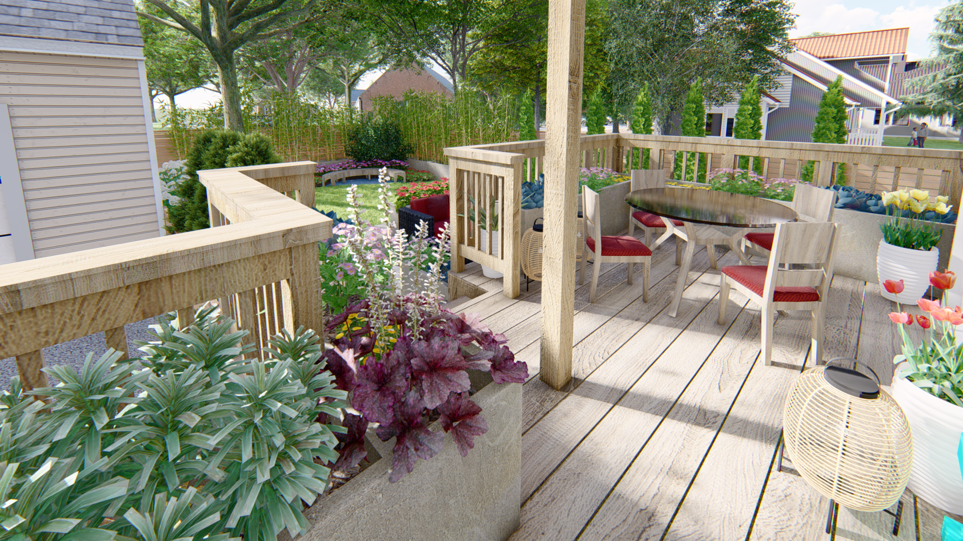 garden furniture on a deck and in a backyard surrounded by flowers