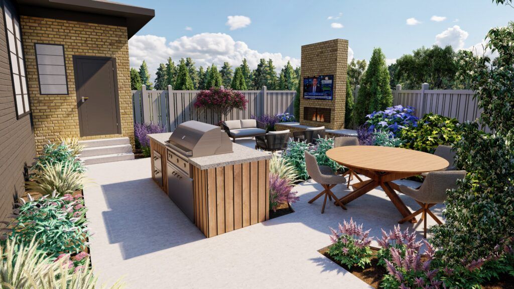 backyard landscaping projects with an outdoor kitchen, flower beds, seating area and outdoor tv 