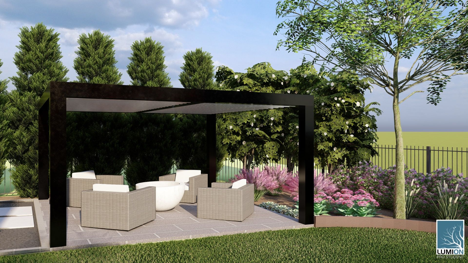 a steel pergola over a modern lounge area with colorful flowers and a wall of trees to create privacy. 