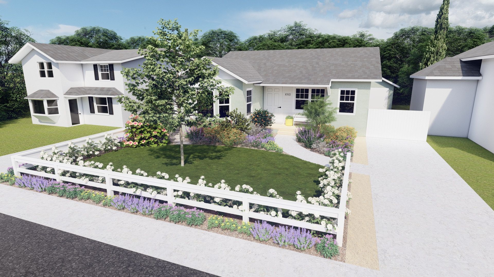 a white picket fence with lavender and grasses creates beautiful curb appeal 