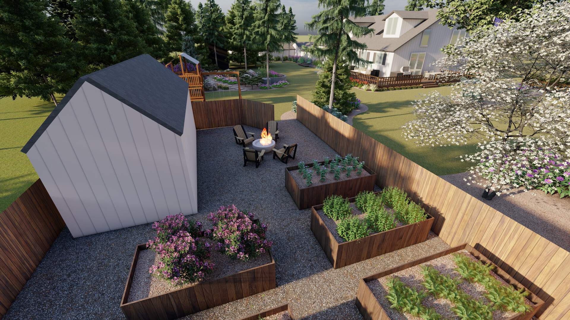 backyard landscaping ideas in Denver with raised garden beds and a fire pit area next to a shed