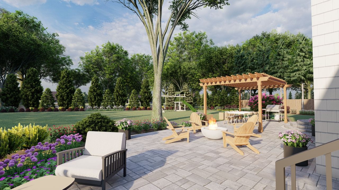 a beautiful patio with a pergola, fire pit and outdoor dining area with a grill. 