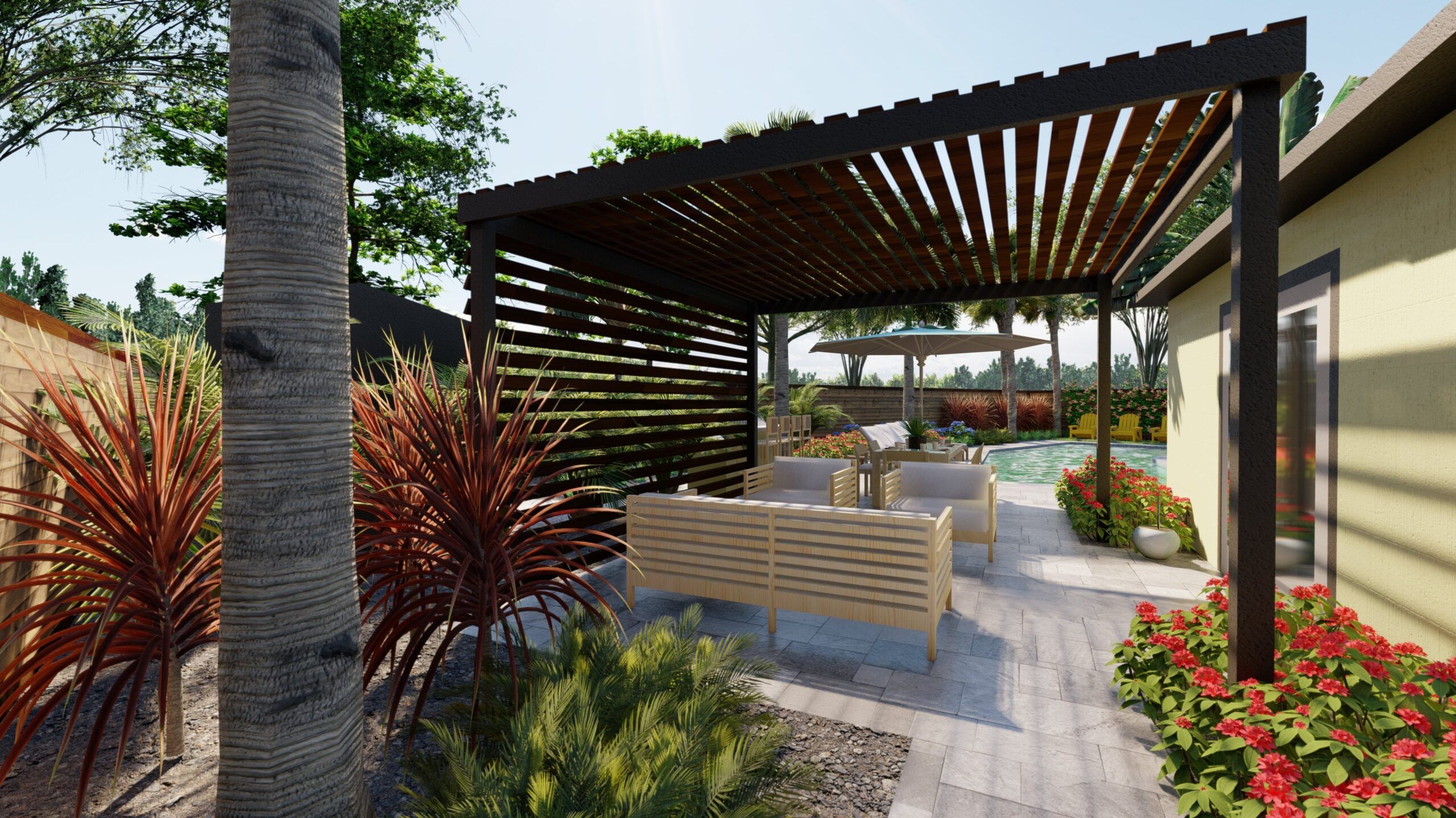a florida backyard landscape with no lawn, a water features including a pool