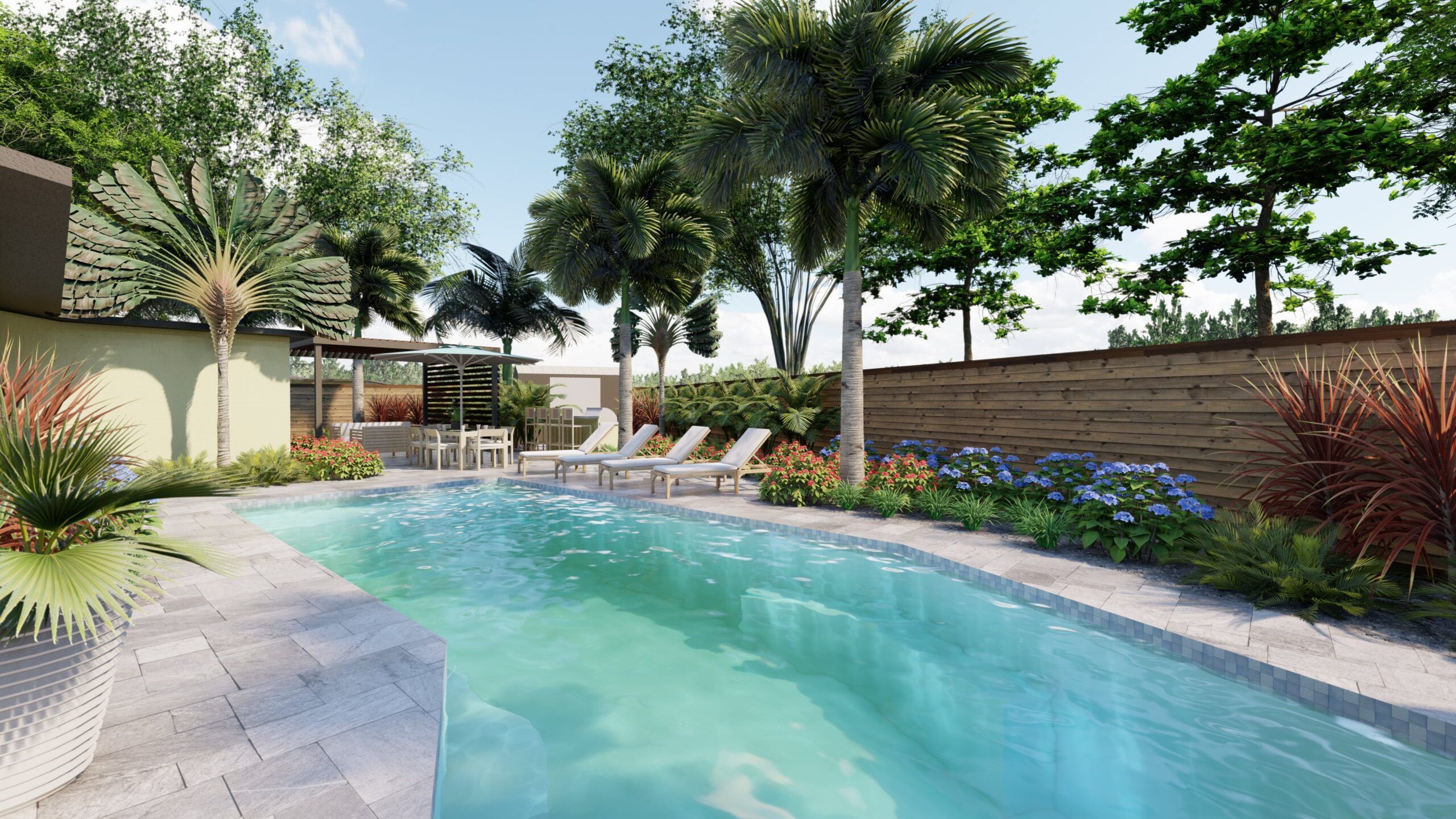 southern florida landscape with flower beds with tropical flowers