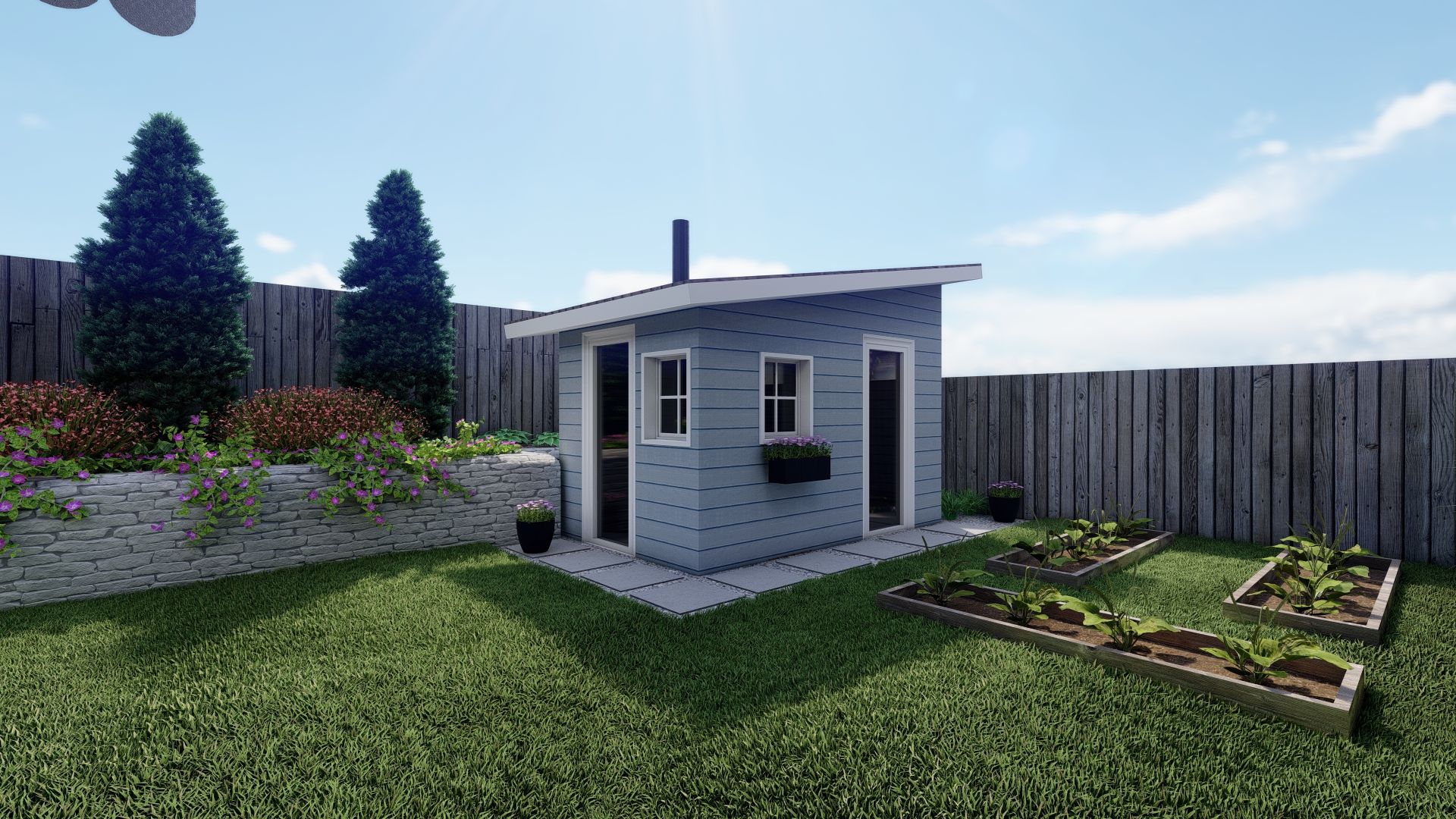 a backyard landscape with a shed and seating area