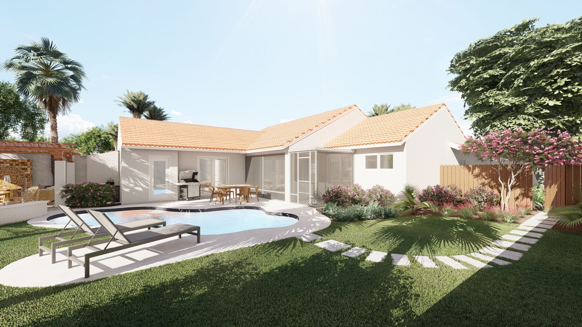 south florida landscape design with pool, outdoor kitchens and grill area