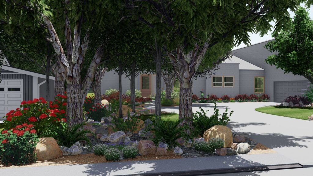 front yard landscape design plans that create a beautiful front yard landscaping plan for this Southwestern home