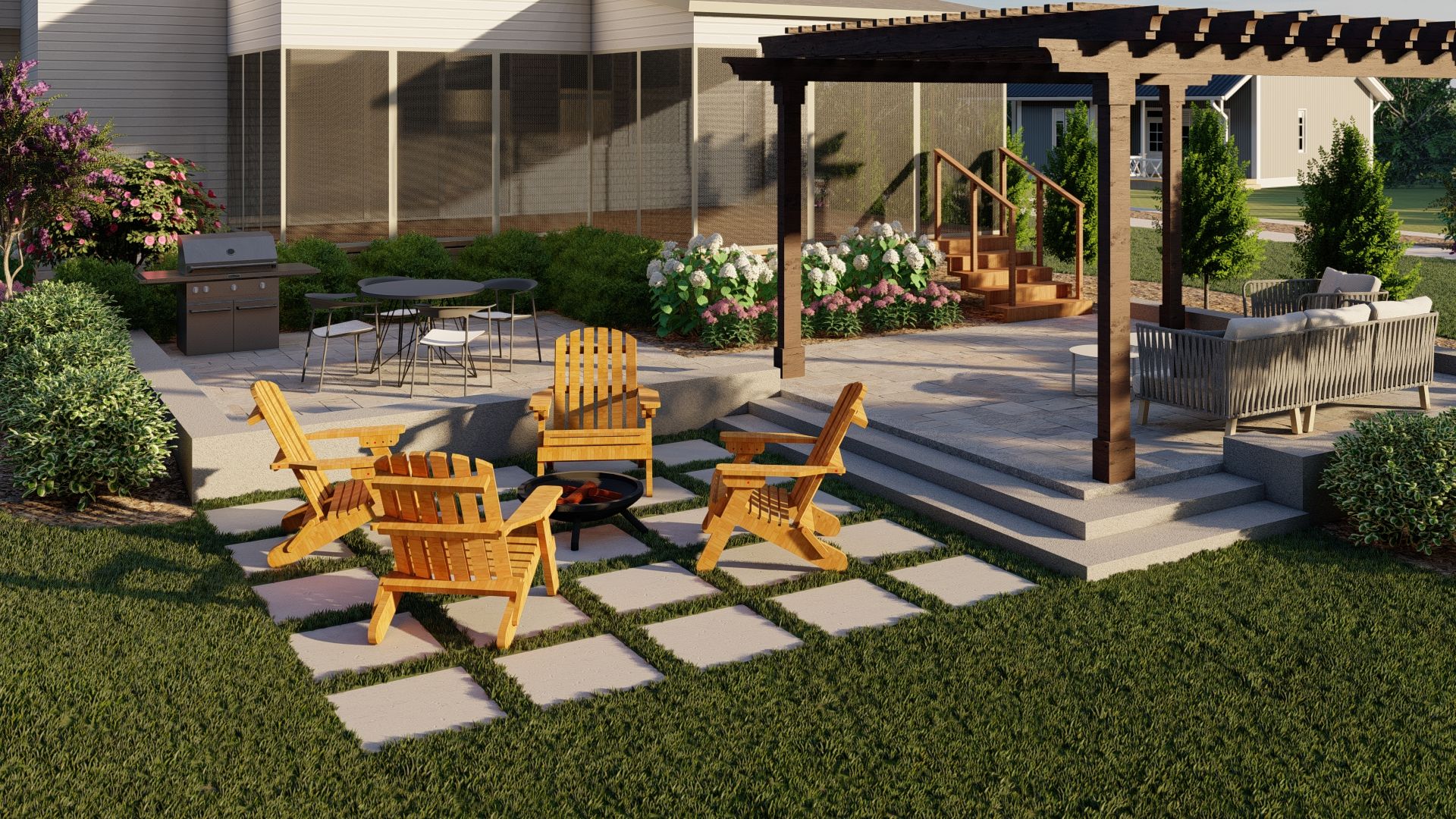 backyard landscaping ideas with a pergola, fire pit area and grill area. A small dining area is off the back of the home. 