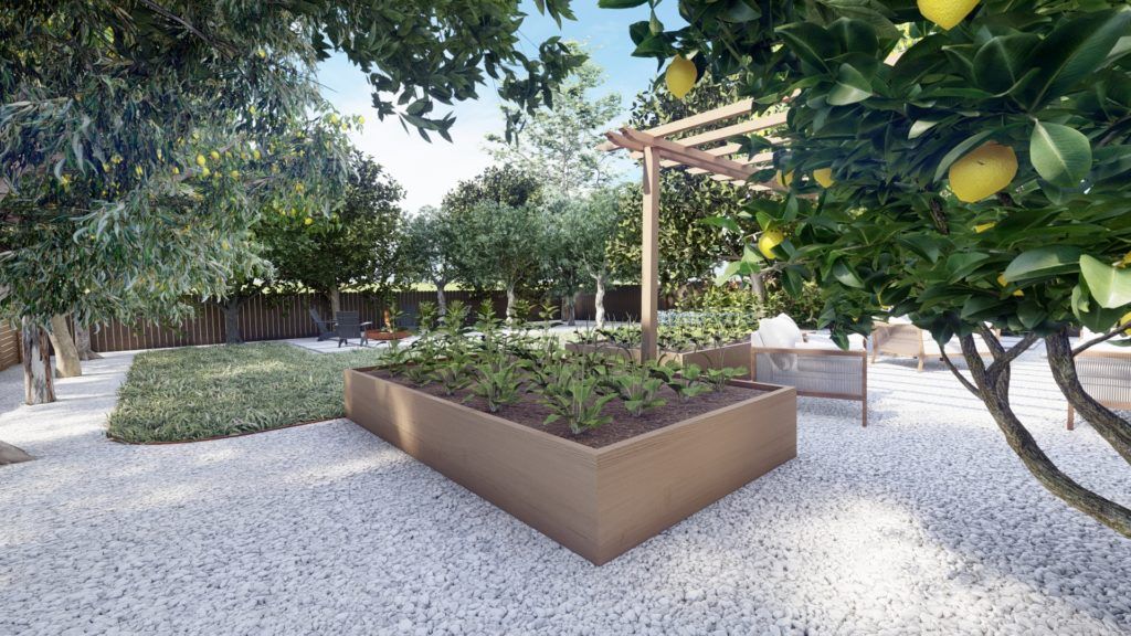A Tilly landscape design with gravel around raised planter beds