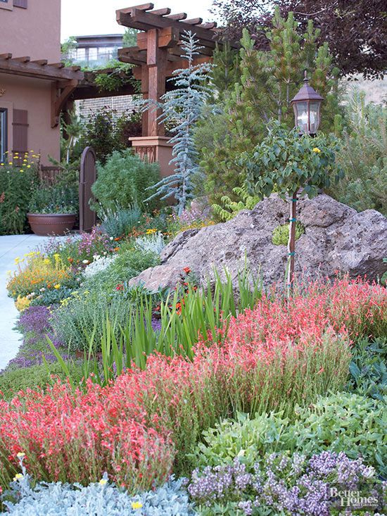 a low maintenance landscaping ideas with olorful Xeriscape in a Front Yard with mulch to eliminate weeds and reduce lawn maintenance