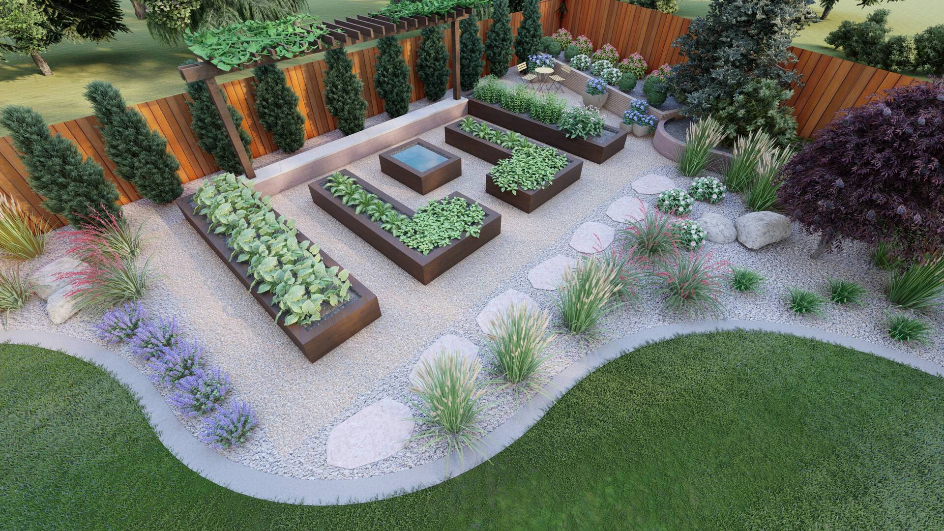 backyard landscaping ideas in Denver for container gardens with emerald green arborvitae as a privacy wall