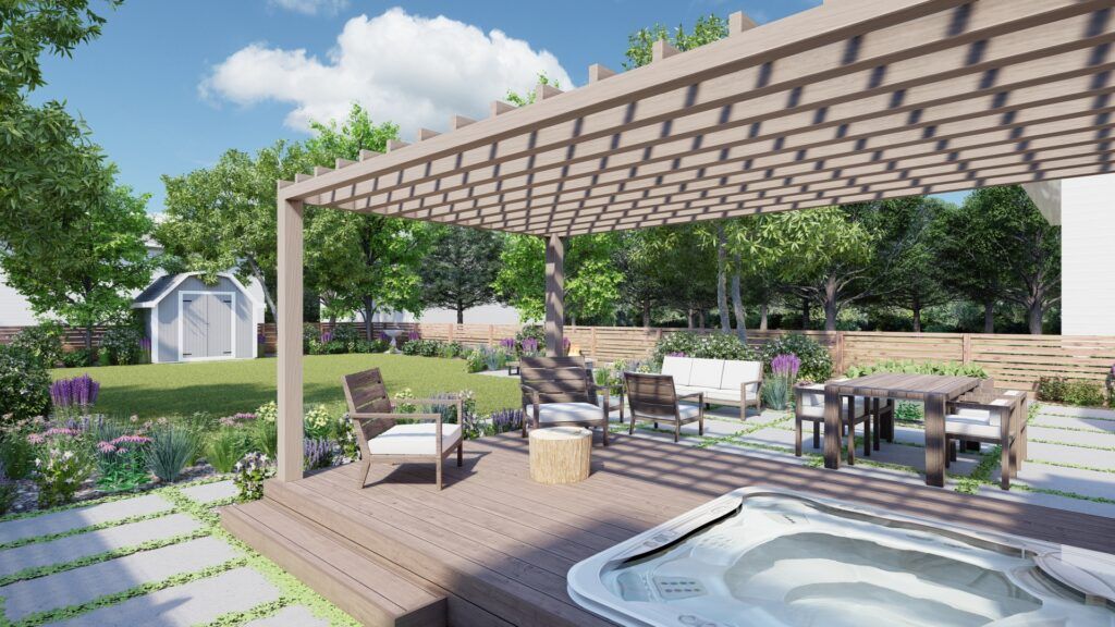 a pergola is the best idea to block the sun on this patio 