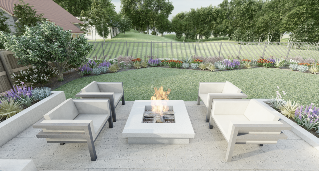 A fire pit on a stone patio in a Texas backyard with lawn and a metal fence. turfgrass delivery in Austin tx.