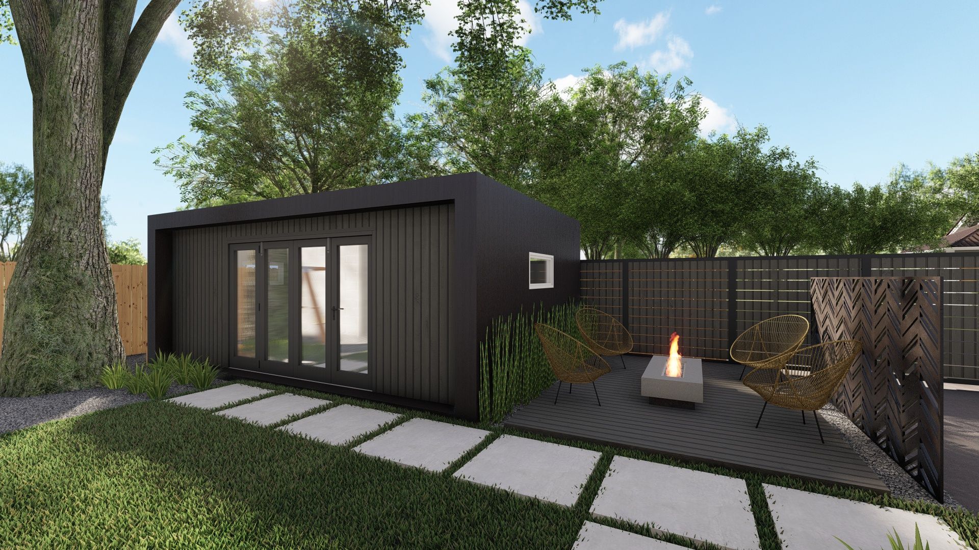 an outdoor shed with pavers, grass, and a fire pit area with a privacy wall and horizontal fence 