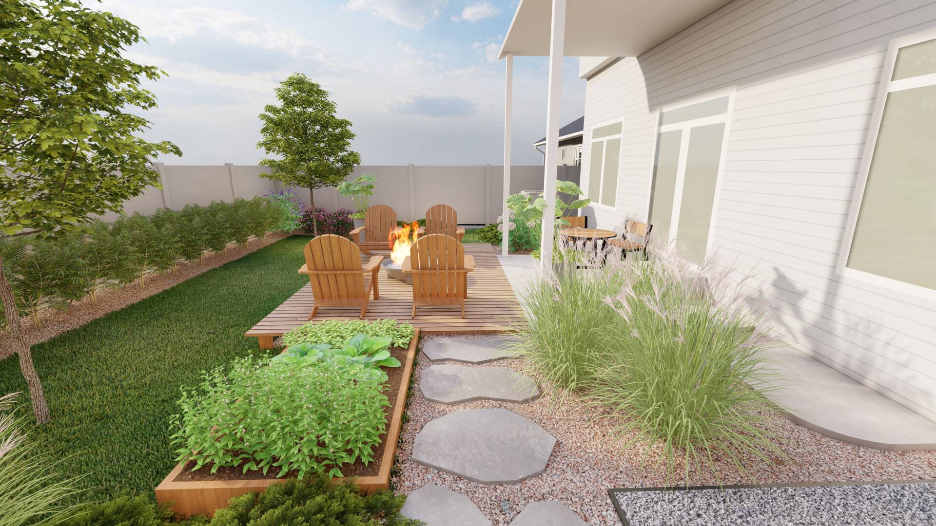 a small backyard in Denver with classic shrubs and grasses for landscaping. A stepping stone path to aa fire pit on a wood deck.