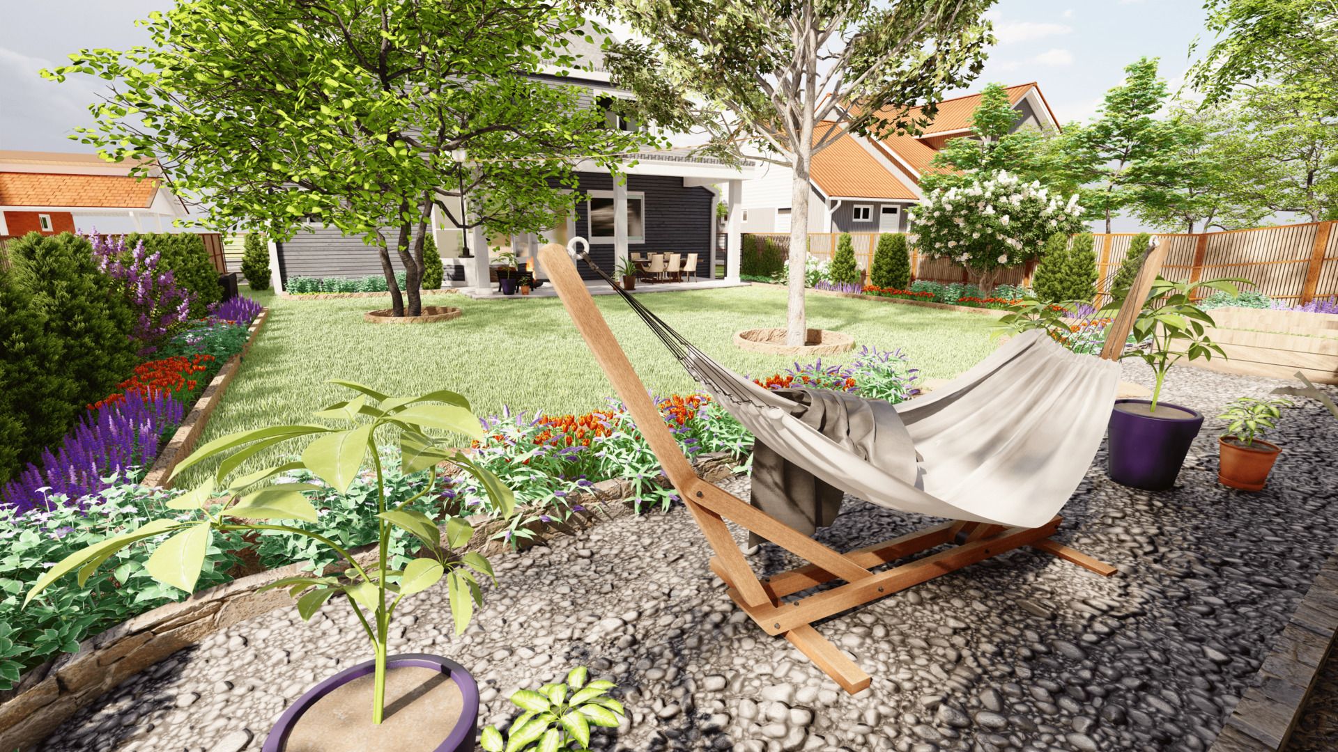 small backyard landscaping ideas with large trees, container gardens and a hammock