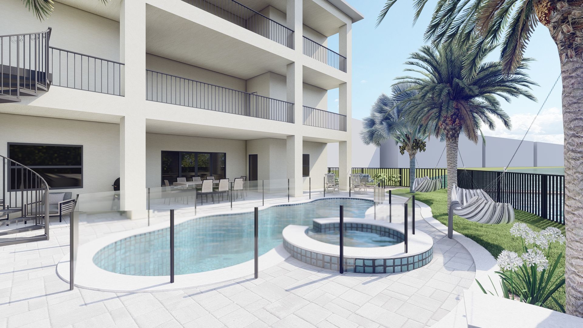 Florida backyard landscape with a large patio, pool, artificial turf and florida garden