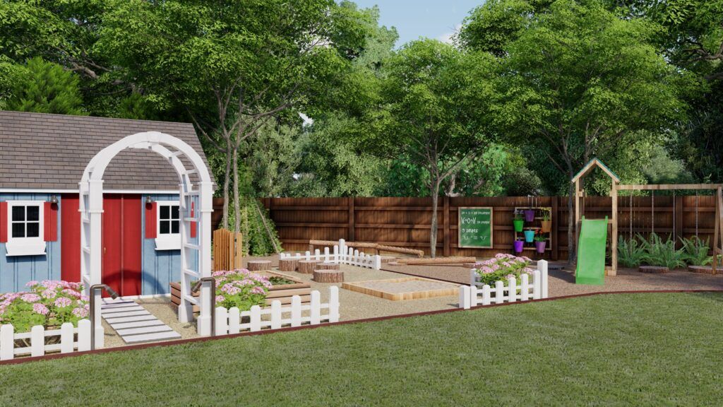 backyard landscaping for a kid's play area with a miniature house, garden, yard, trees, and white picket fence with flowers 