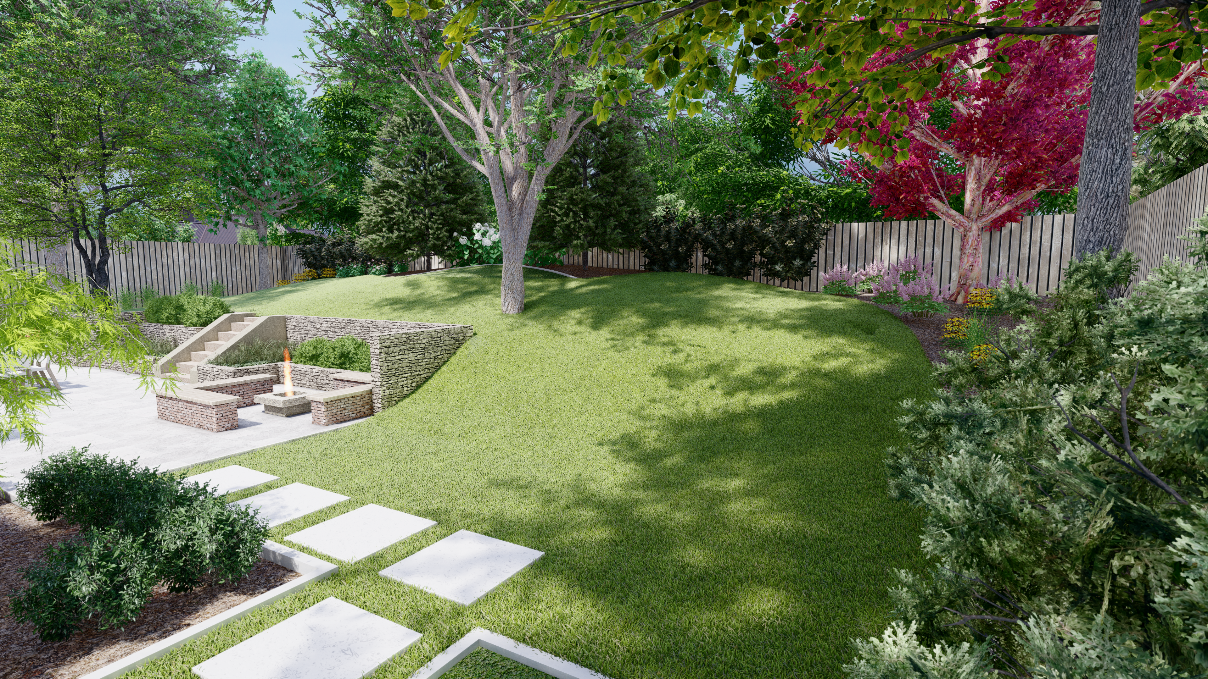 Image of a backyard with slope and patio