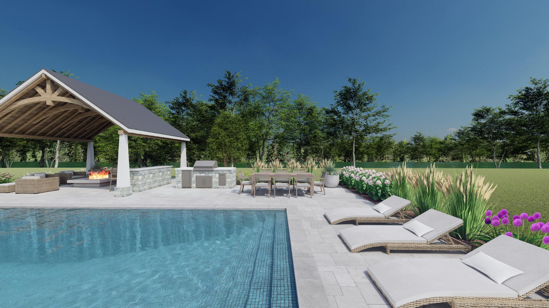 a large backyard swimming pool with flower beds around a stone patio 