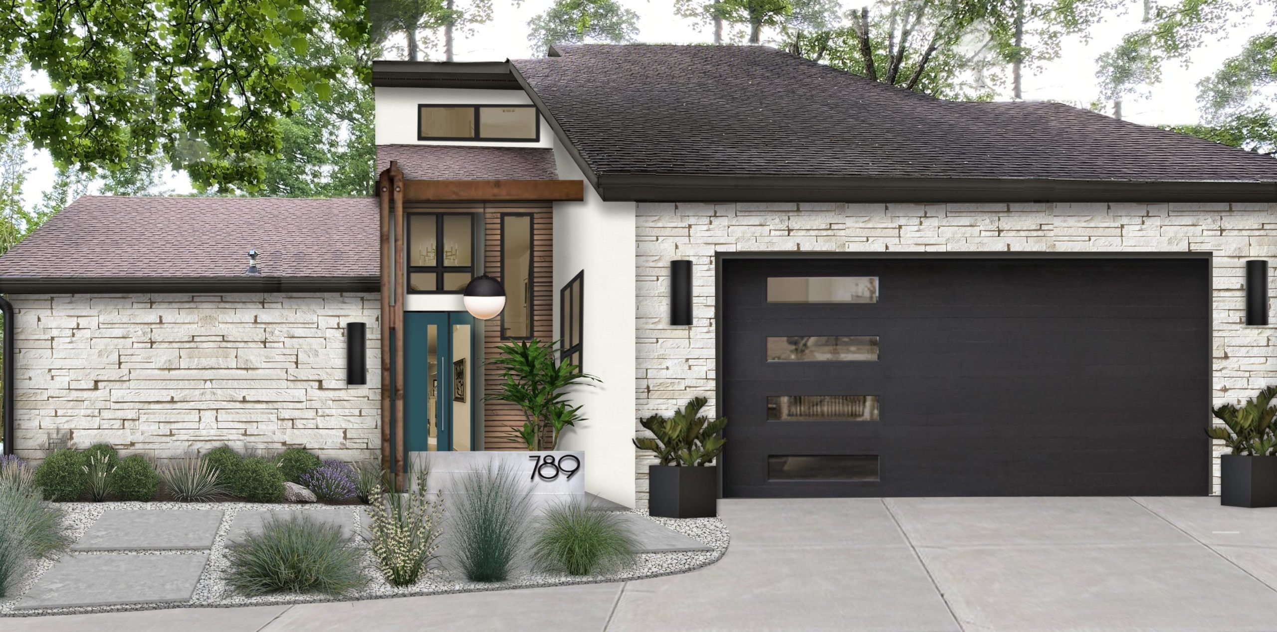 Modern House Exterior With Two Car Garage, Spacious Driveway At