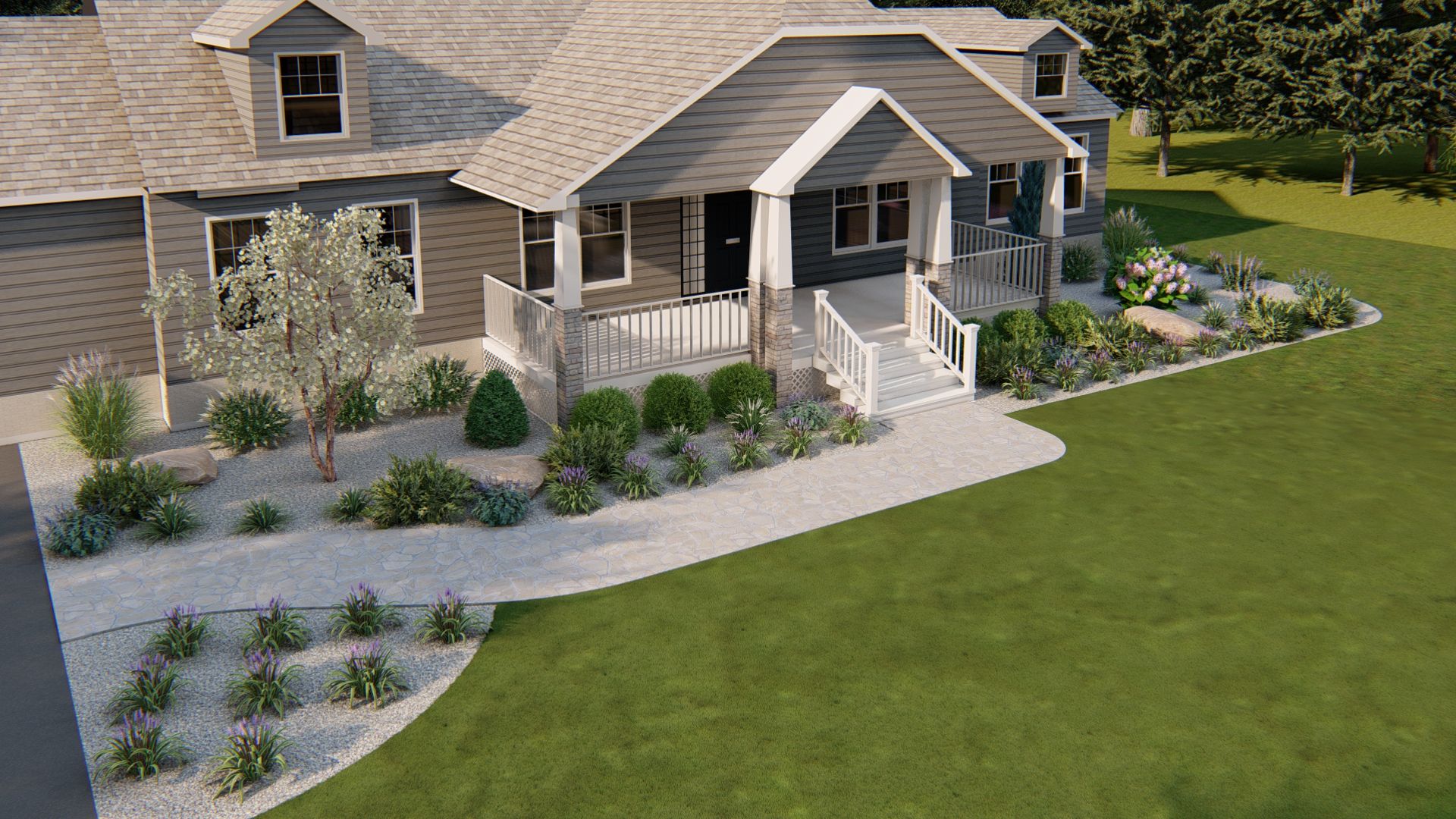 a front yard landscape design plan with trees and native plants 