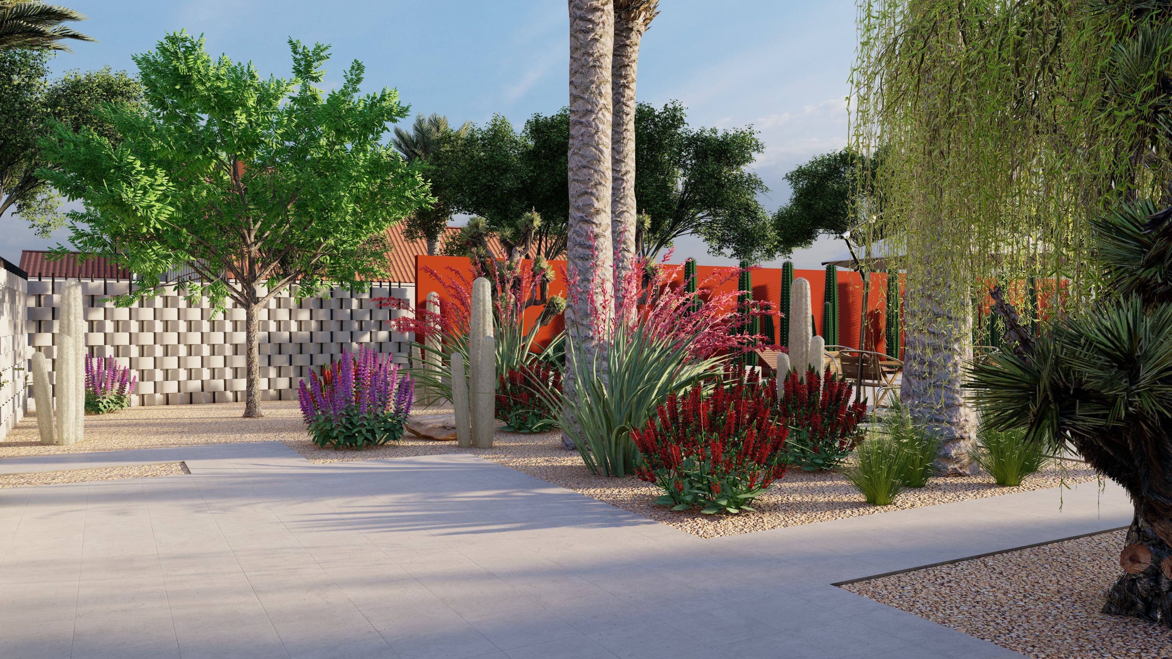 a front yard with drought tolerant landscaping and a dry garden with gravel and rocks 