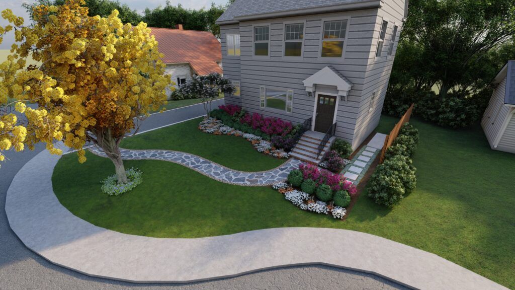curved path through a front yard with a simple front door