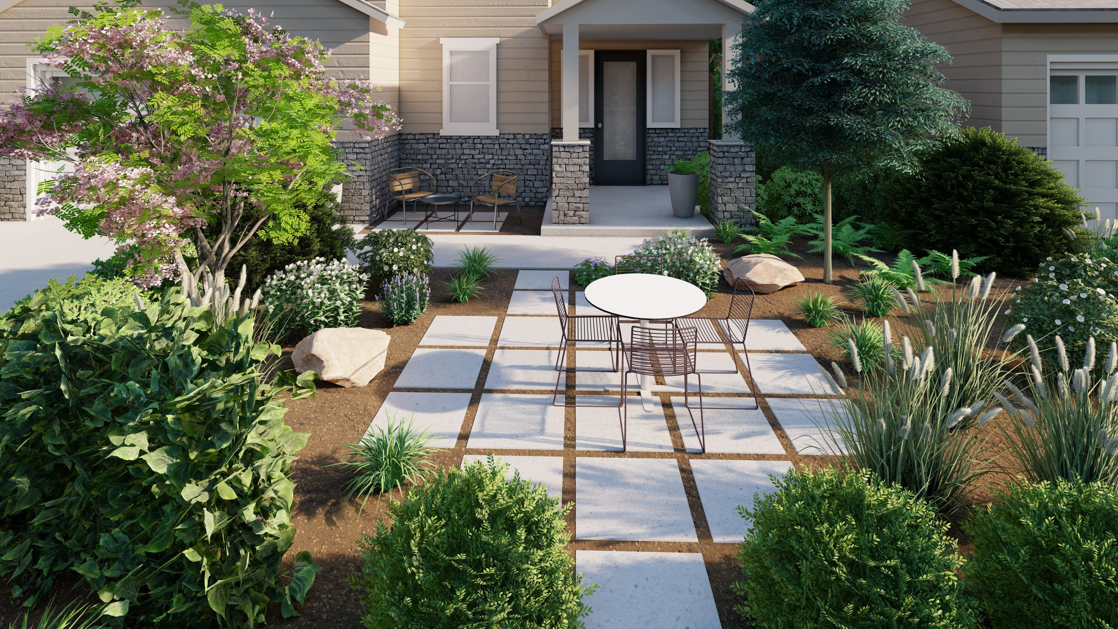 functional front yards with seating areas and garden beds