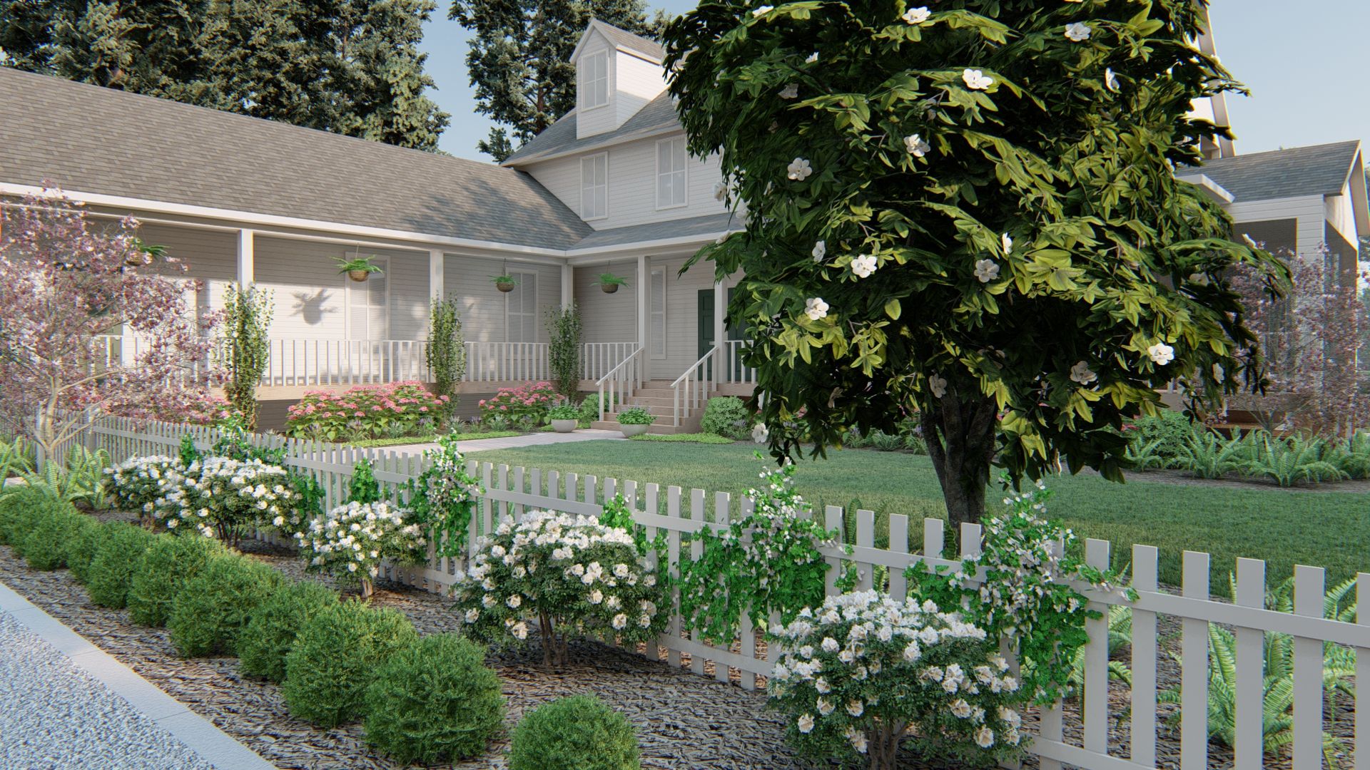 a white picket fence around a large front yard landscape design with white and pink flowers and large flowering trees