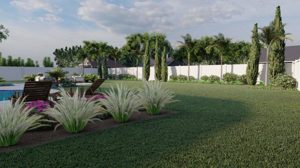 a Florida backyard landscape with a pool and a simple landscape design