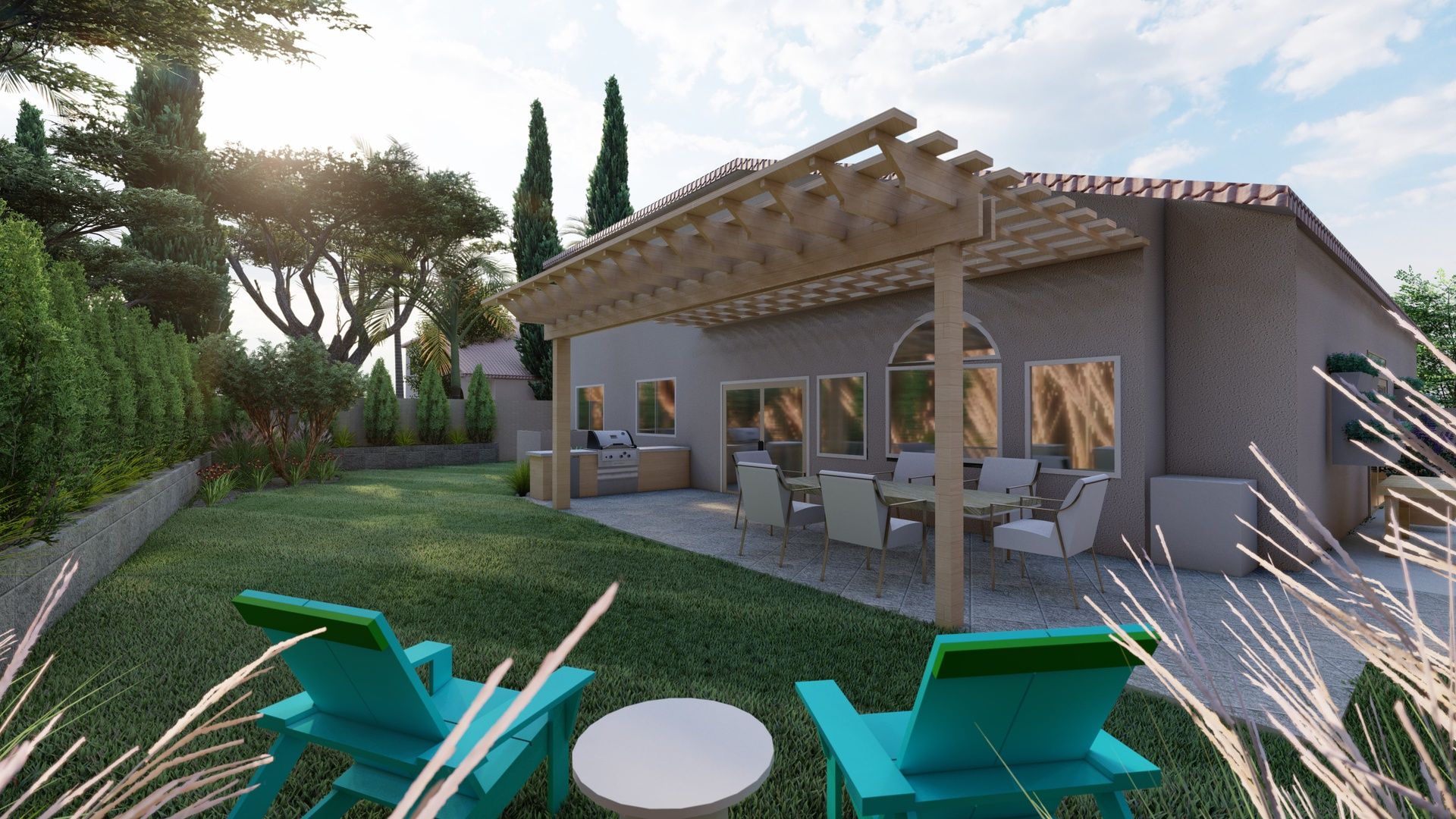 a pergola over a stone patio outdoor dining area with privacy trees along a backyard fence