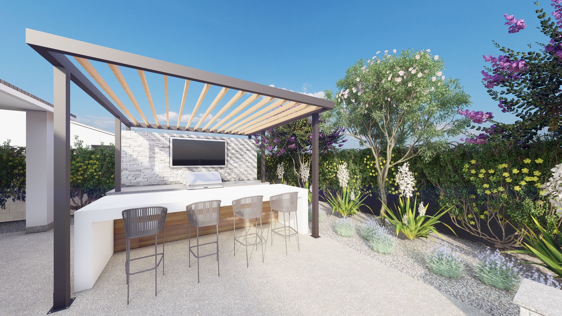 outdoor bar ideas with a TV, concrete bar countertop and plenty of seating