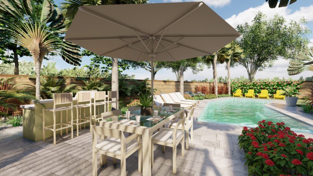 A south florida design with palm trees and appropriate plant size drought tolerant plants