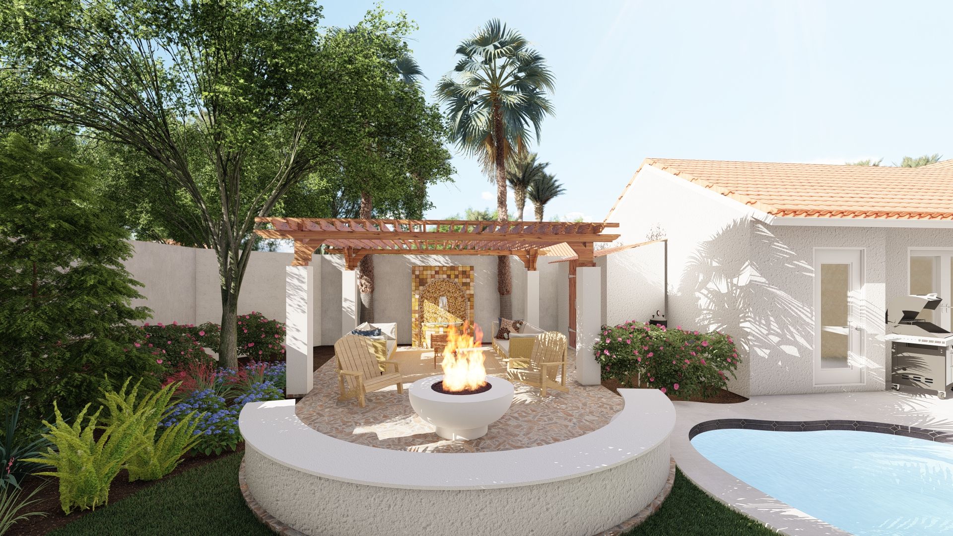 a south florida landscape garden lush setting with a fire pit, deep blue flower clusters, chinese fringe flower