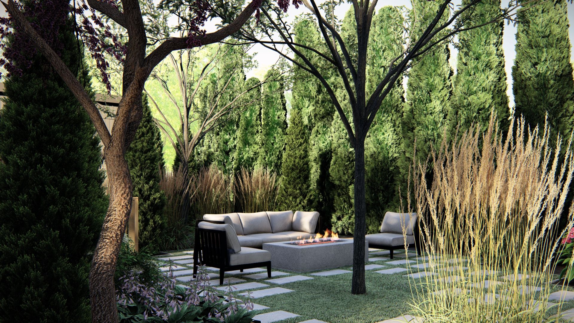 corner garden ideas, sectional sofa in a garden corner surrounded by grasses and other plants away from prying eyes 