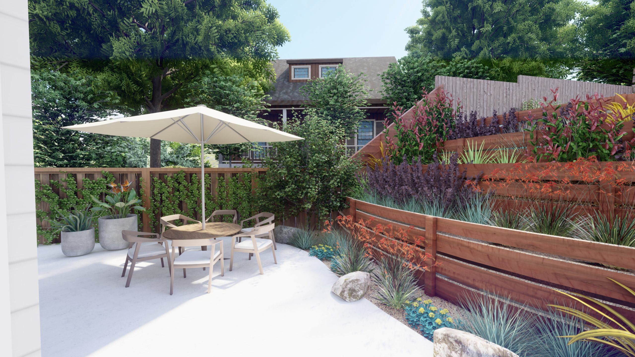 retaining walls with full gardens by an outdoor dining area