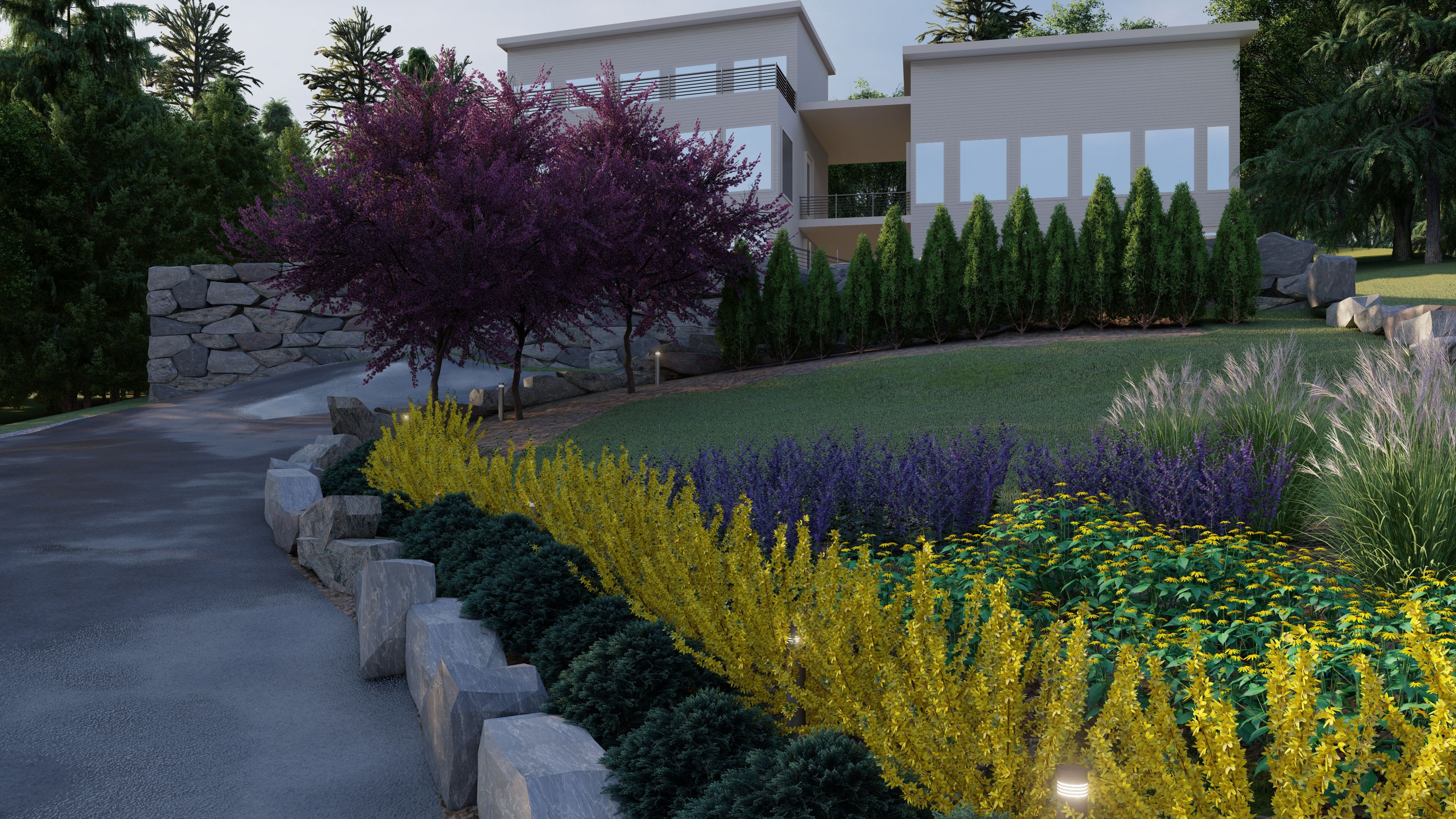 a modern landscaping look for a sloped driveway 